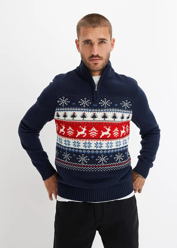 Norweger-Pullover mit Troyerkragen in blau von vorne (im Anschnitt) - bonprix