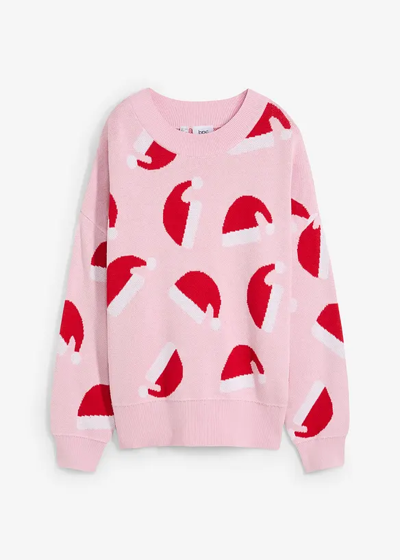 Weihnachtspullover mit Rundhals, oversized in rosa von vorne - bonprix