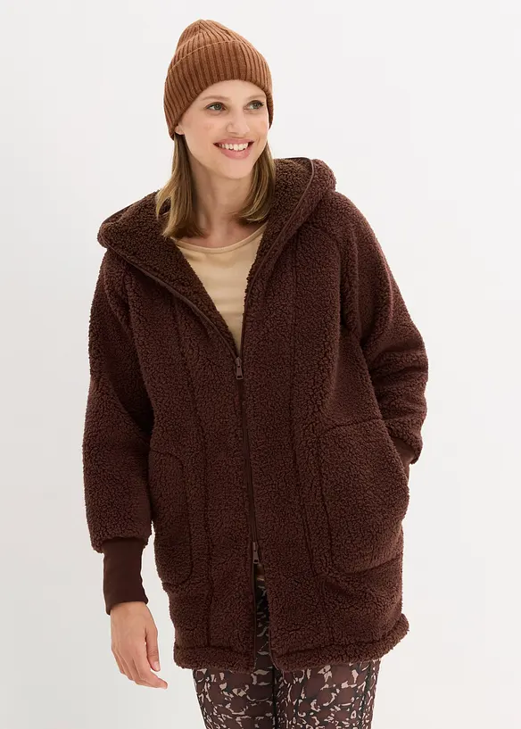 Teddy-Fleece Jacke in braun von vorne (im Anschnitt) - bonprix