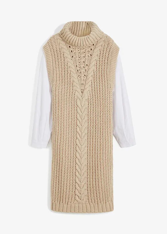 Strickkleid mit Bluseneinsatz in beige von vorne - bonprix