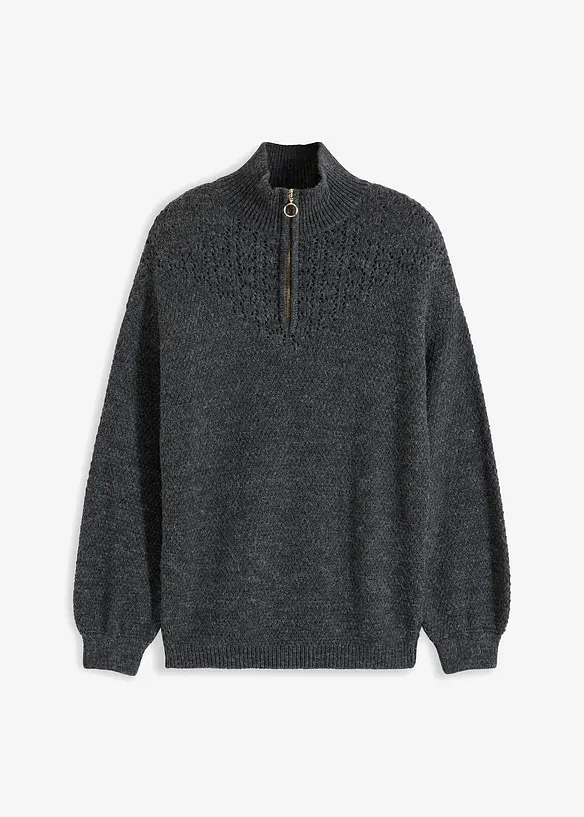 Troyer-Pullover mit Ajourmuster in grau von vorne - bonprix