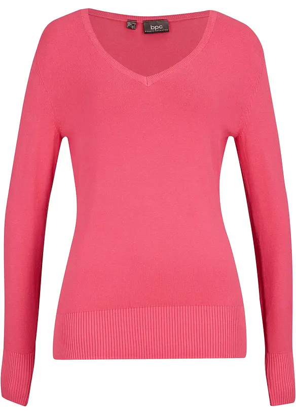 Feinstrick-Pullover mit V-Ausschnitt in pink von vorne - bonprix