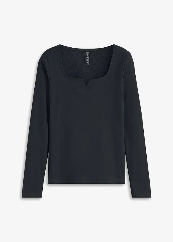 Rippshirt mit weitem Ausschnitt in schwarz von vorne - bonprix