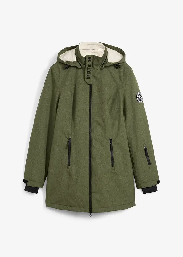 wasserdichte Funktions-Outdoor-Longjacke mit Teddyfleece in grün von vorne - bonprix