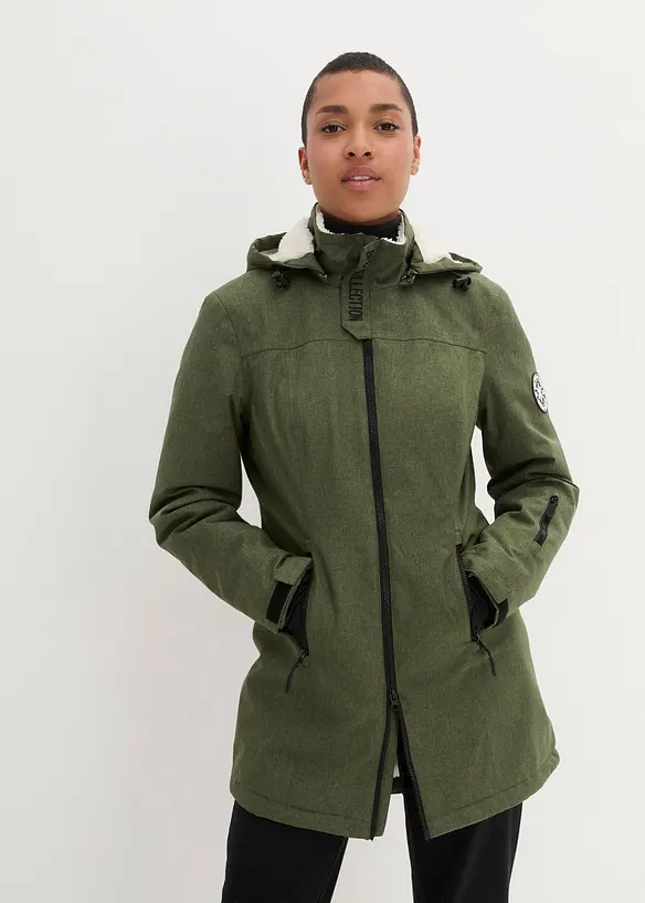 wasserdichte Funktions-Outdoor-Longjacke mit Teddyfleece in grün von vorne (im Anschnitt) - bonprix