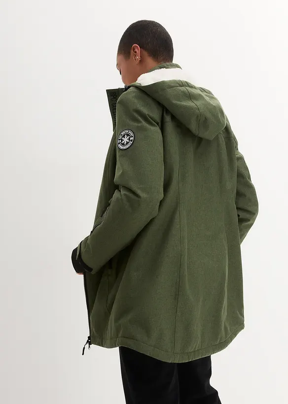 wasserdichte Funktions-Outdoor-Longjacke mit Teddyfleece in grün von hinten (im Anschnitt) - bonprix
