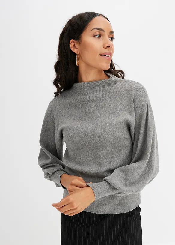 Strickpullover mit Ballonärmeln in grau von vorne (im Anschnitt) - bonprix
