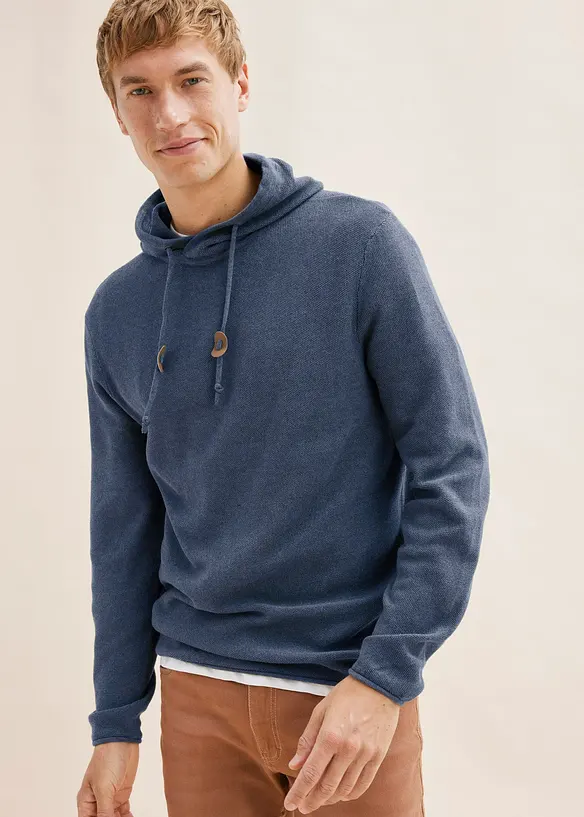 Feinstrickpullover mit Kapuze in blau von vorne (im Anschnitt) - bonprix