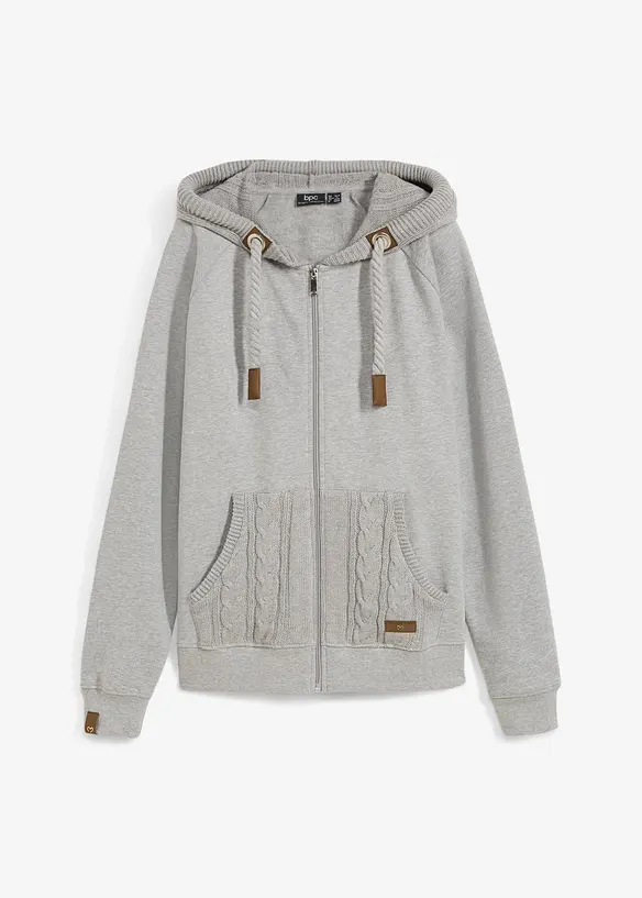 Sweatjacke mit Strickkapuze und Tasche in grau von vorne - bonprix