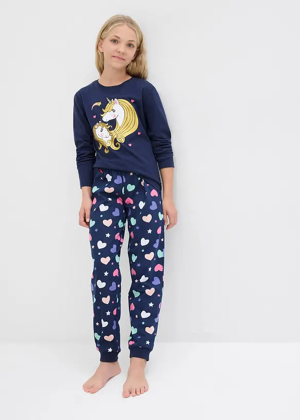 Pyjama aus reiner Bio-Baumwolle (2-tlg. Set) in blau von vorne (Totalaufnahme) - bonprix