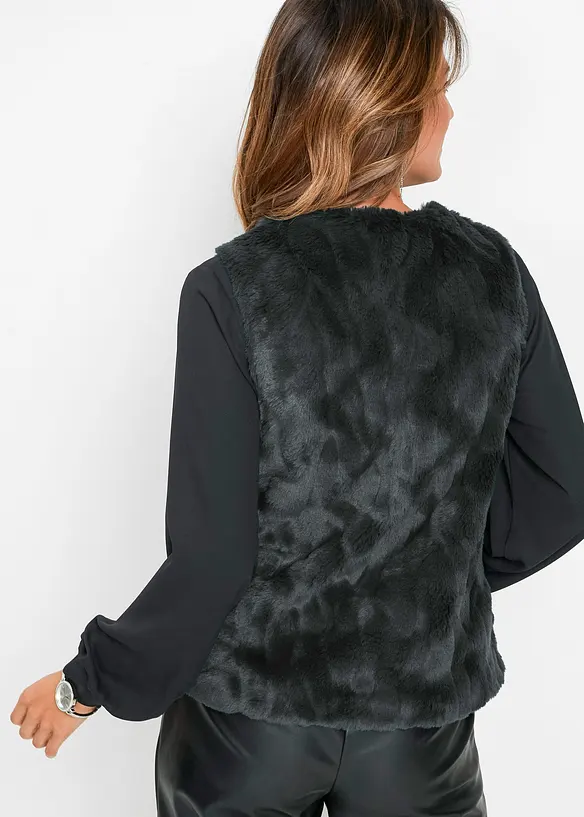 Fellimitat-Weste in schwarz von hinten (im Anschnitt) - bonprix