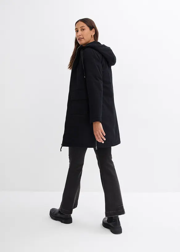 warm wattierter Winterparka mit Teddyfutter in Kapuze in schwarz von hinten (Totalaufnahme) - bonprix