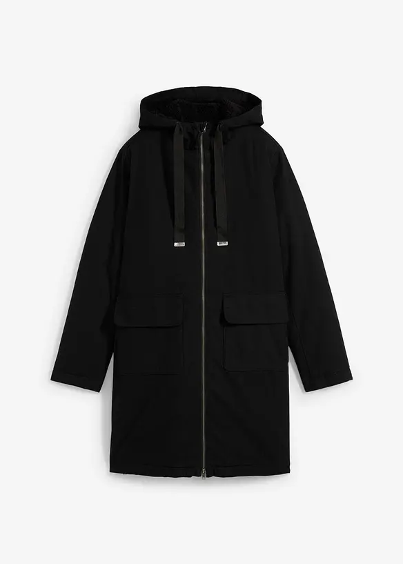 warm wattierter Winterparka mit Teddyfutter in Kapuze in schwarz von vorne - bonprix
