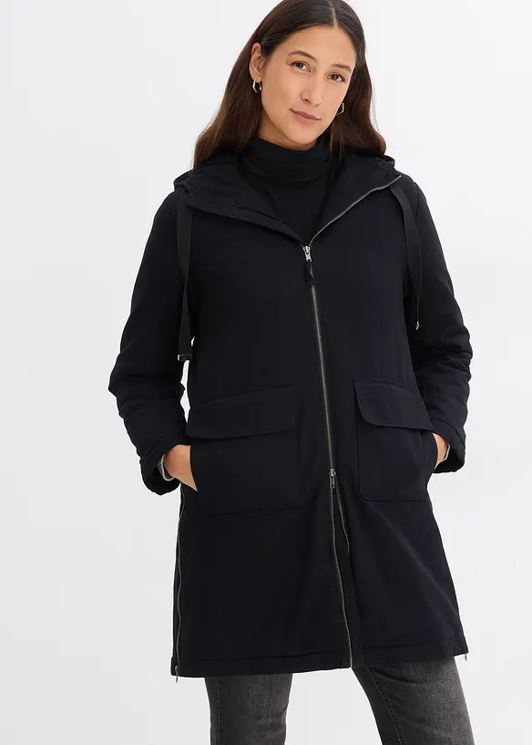 warm wattierter Winterparka mit Teddyfutter in Kapuze in schwarz von vorne (Totalaufnahme) - bonprix