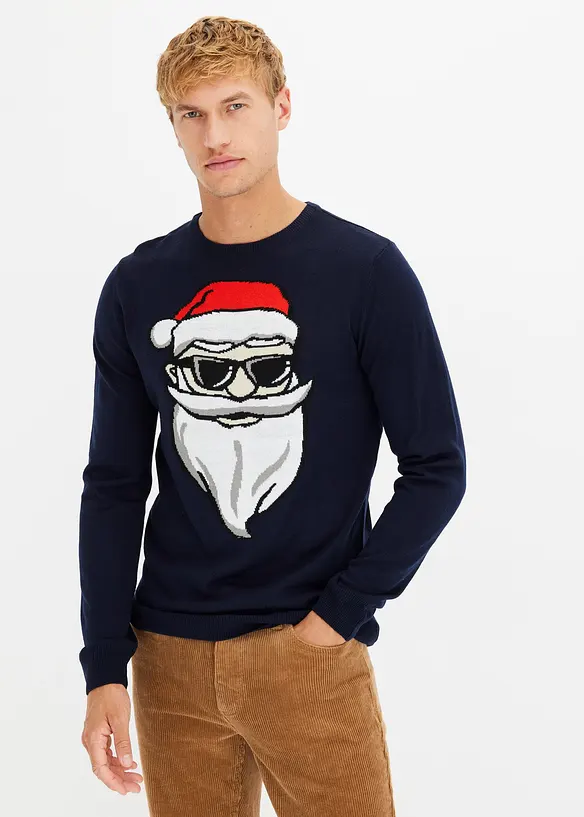 Feinstrickpullover mit Weihnachtsmotiv in blau von vorne (im Anschnitt) - bonprix