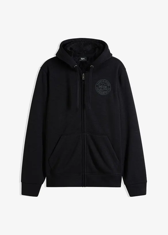 Kapuzen-Sweatjacke mit Teddyfutter in schwarz von vorne - bonprix