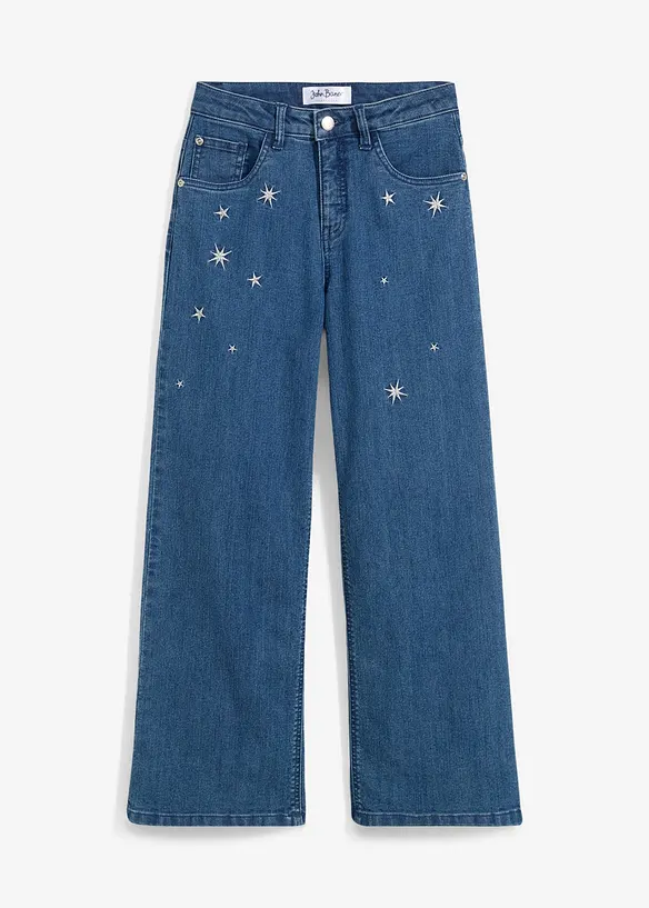 Wide-Leg-Jeans mit Stickerei Mid Waist in blau von vorne - bonprix