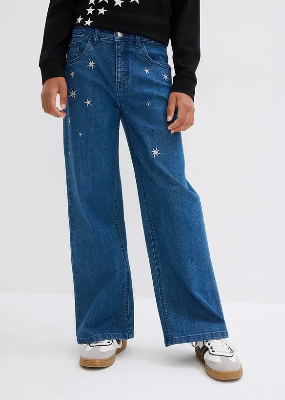 Wide-Leg-Jeans mit Stickerei Mid Waist in blau von vorne - bonprix