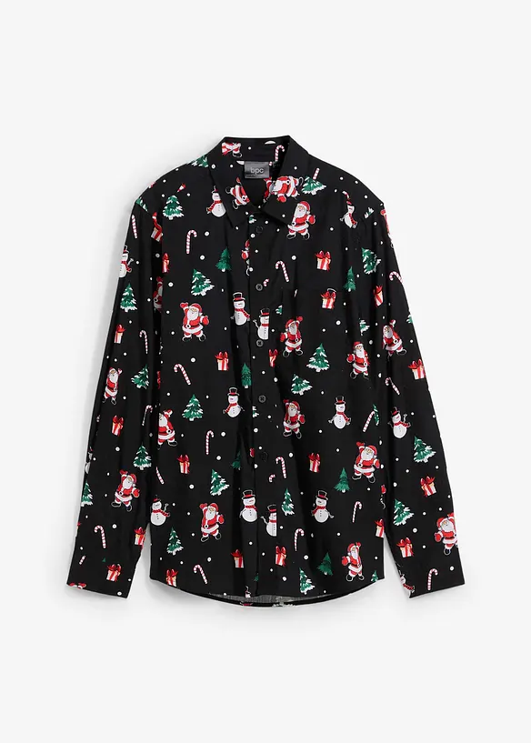 Langarmhemd mit Weihnachtsmotiv in schwarz von vorne - bonprix