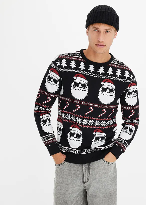 Norweger-Pullover mit recycelter Baumwolle in schwarz von vorne (im Anschnitt) - bonprix