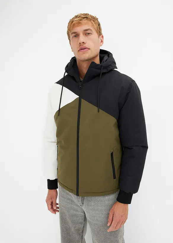 Winterjacke mit Kapuze im Colourblocking in schwarz von vorne (im Anschnitt) - bonprix