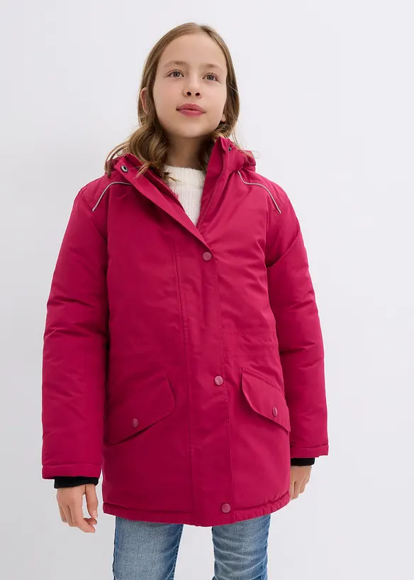 wasserdichte Funktionsjacke mit abnehmbarer Kapuze und reflektierenden Details in pink von vorne (im Anschnitt) - bonprix
