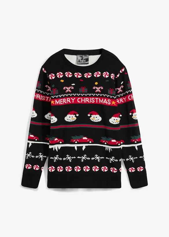 Feinstrickpullover mit Weihnachtsmotiv in schwarz von vorne - bonprix