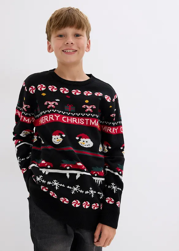 Feinstrickpullover mit Weihnachtsmotiv in schwarz von vorne (im Anschnitt) - bonprix