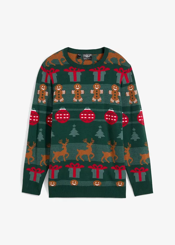 Feinstrickpullover mit Weihnachtsmotiv in grün von vorne - bonprix