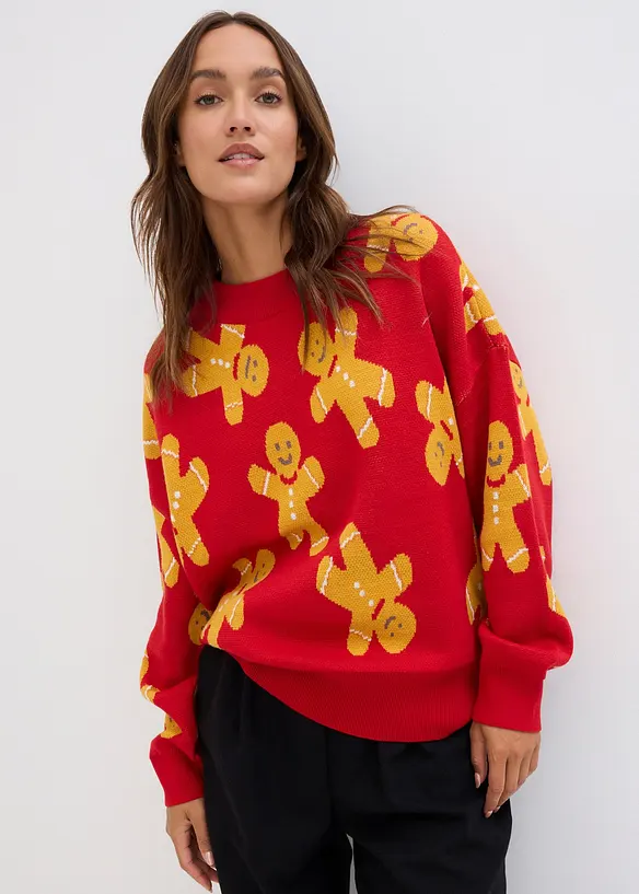 Feinstrickpullover mit Rundhals, oversized in rot von vorne (im Anschnitt) - bonprix