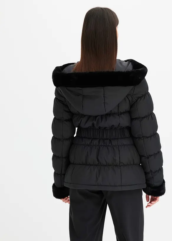 Steppjacke mit Fellimitat in schwarz von hinten (im Anschnitt) - bonprix