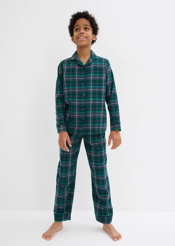Kinder Pyjama aus gewebten Flanell (2-tlg. Set) in grün von vorne (Totalaufnahme) - bonprix