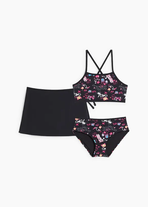 Mädchen Bikini mit Rock (3-tlg.Set) in schwarz - bonprix