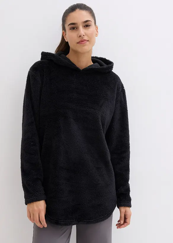 Weit geschnittener Loungewear Kuschel-Fleece Longpullover in schwarz von vorne (im Anschnitt) - bonprix