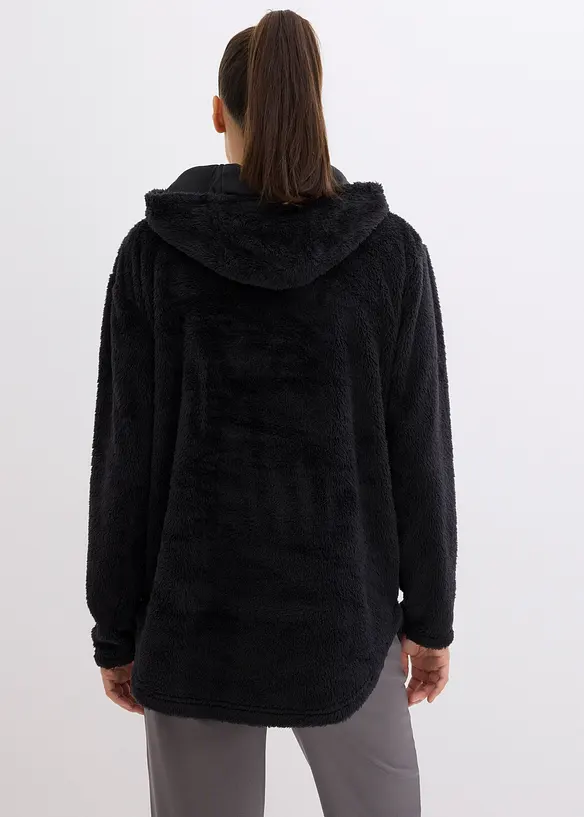 Weit geschnittener Loungewear Kuschel-Fleece Longpullover in schwarz von hinten (im Anschnitt) - bonprix