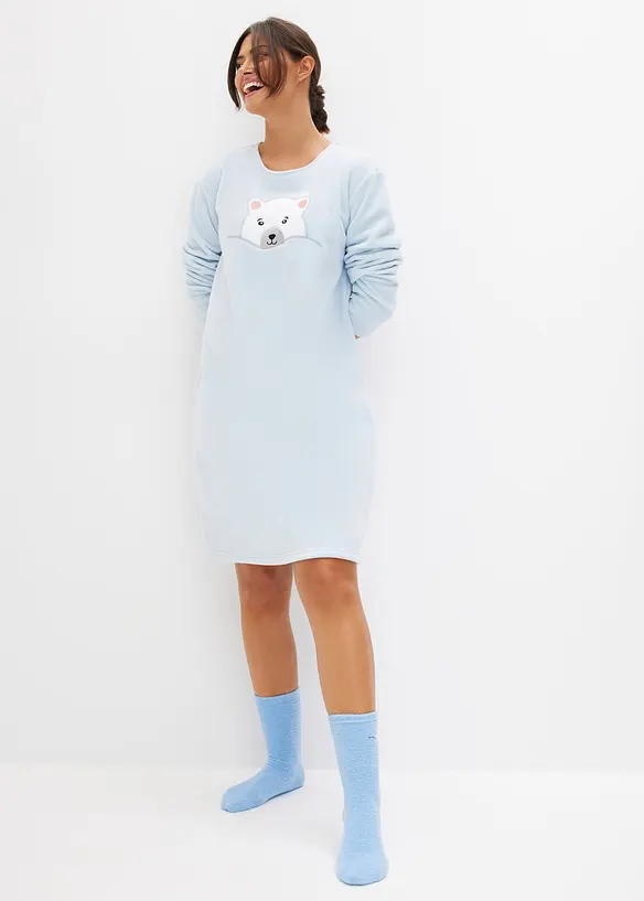 Loungewear Fleece Nachthemd mit Applikation in blau von vorne (Totalaufnahme) - bonprix