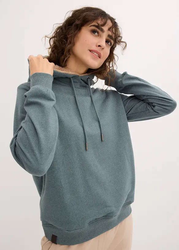 Kapuzensweatshirt aus Baumwoll-Mix und Teddy-Futter in grün von vorne (im Anschnitt) - bonprix Kapuzensweatshirt aus Baumwoll-Mix und Teddy-Futter in grün von vorne (im Anschnitt) - bonprix