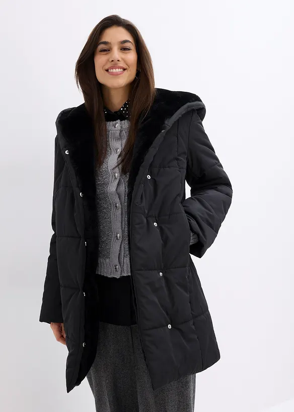 Steppjacke mit Fellimitat Besatz in schwarz von vorne (im Anschnitt) - bonprix