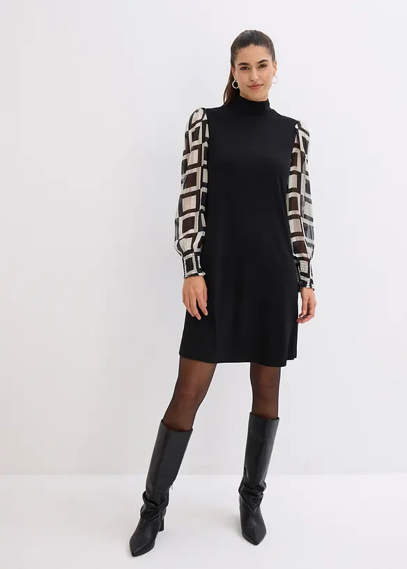 Jerseykleid mit Chiffon-Ärmeln in schwarz von vorne (Totalaufnahme) - bonprix Jerseykleid mit Chiffon-Ärmeln in schwarz von vorne (Totalaufnahme) - bonprix