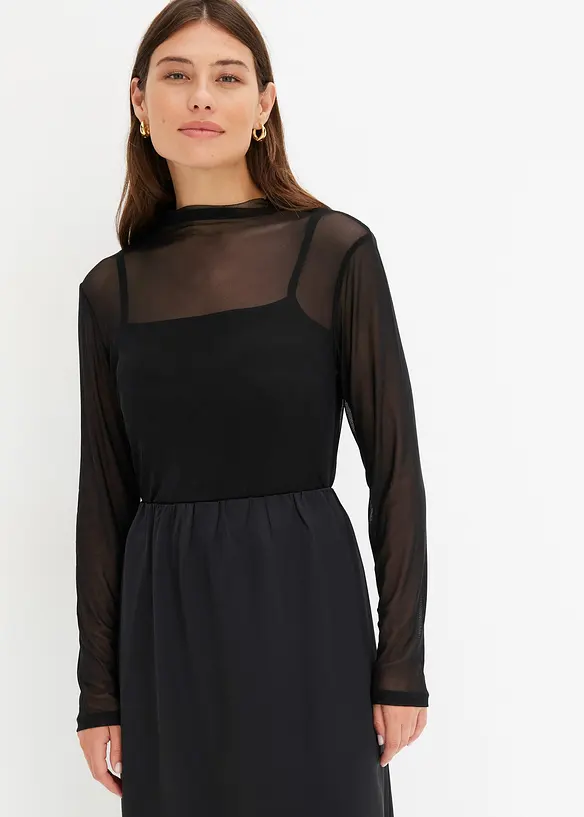 Langarmshirt aus transparentem Mesh in schwarz von vorne (im Anschnitt) - bonprix Langarmshirt aus transparentem Mesh in schwarz von vorne (im Anschnitt) - bonprix