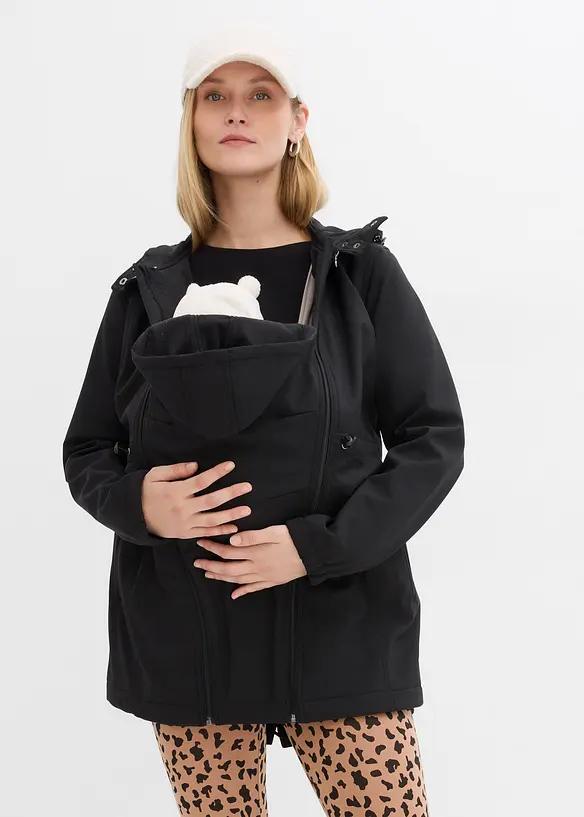 Softshell-Tragejacke / Umstandsjacke, weitenregulierbar in schwarz von vorne (im Anschnitt) - bonprix