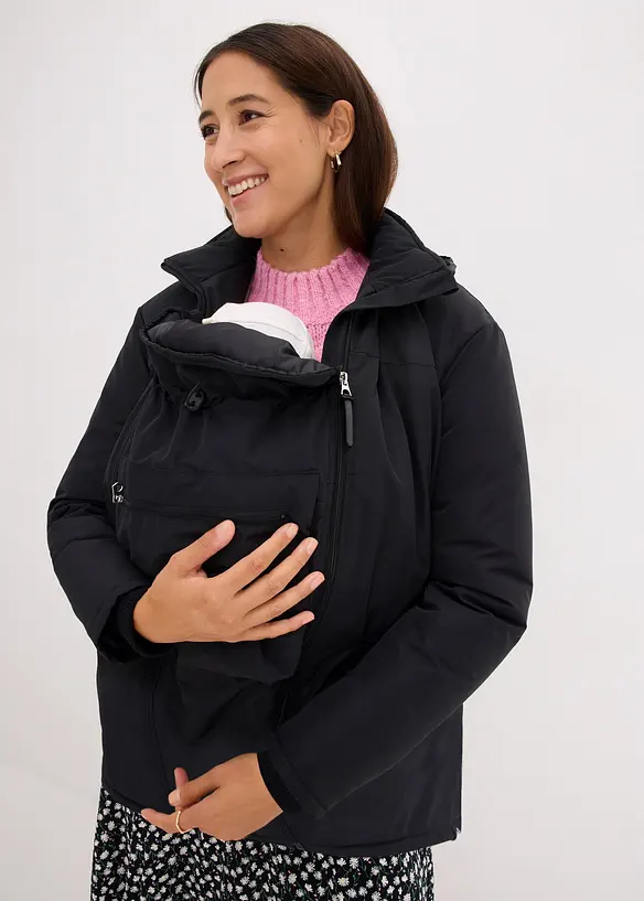 3-in-1 Umstandsjacke mit Trageeinsatz in schwarz von vorne (im Anschnitt) - bonprix