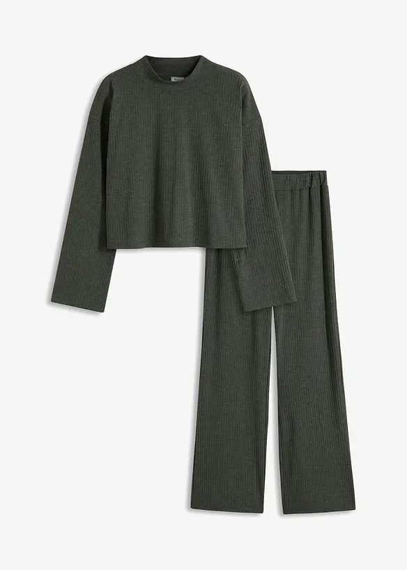 Weit geschnittener Loungewear Hausanzug aus weicher Rippe in grün von vorne - bonprix