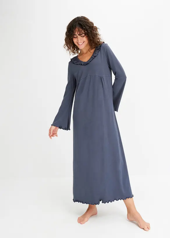 Nachthemd mit Rüschen in blau von vorne (Totalaufnahme) - bonprix