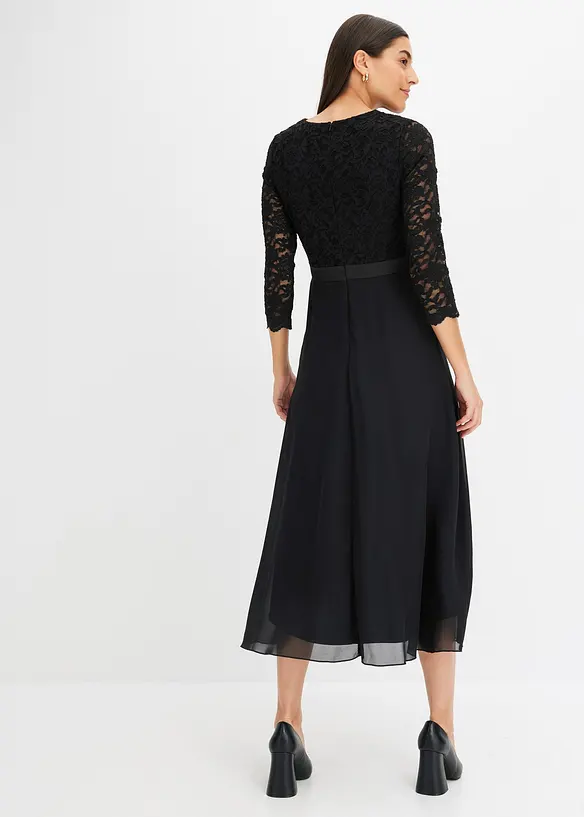 Midikleid aus leichtem Chiffon mit Spitzen-Oberteil in schwarz von hinten (Totalaufnahme) - bonprix