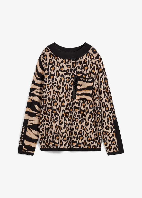 Feinstrickpullover im Animal-Design in beige von vorne - bonprix