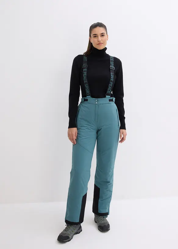 wasserdichte Ski Funktions-Thermohose mit abnehmbaren Trägern in grün von vorne - bonprix