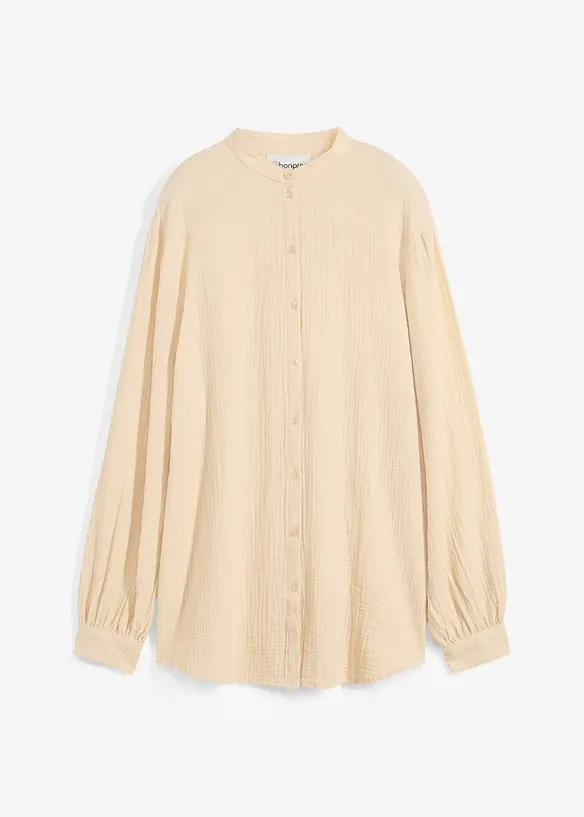 Oversized Musselin-Longbluse aus Baumwolle mit Seitenschlitzen in beige von vorne - bonprix