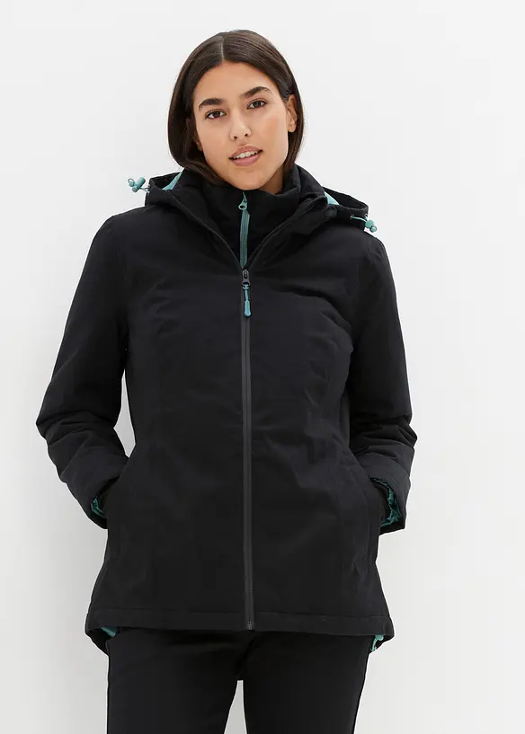 Wasserdichte 2-in-1-Optik Funktionsjacke in schwarz von vorne (im Anschnitt) - bonprix