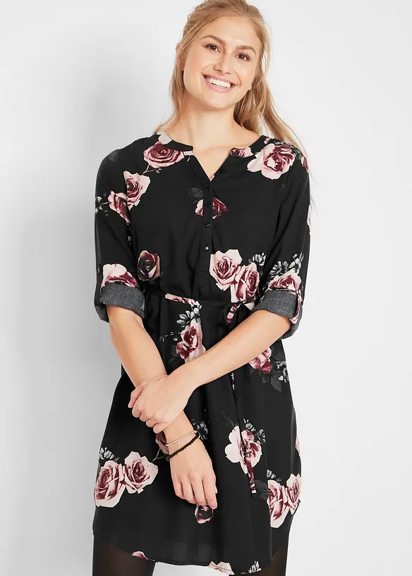 Umstands- und Stillblusenkleid aus fließender Viskose in schwarz von vorne (Totalaufnahme) - bonprix Umstands- und Stillblusenkleid aus fließender Viskose in schwarz von vorne (Totalaufnahme) - bonprix